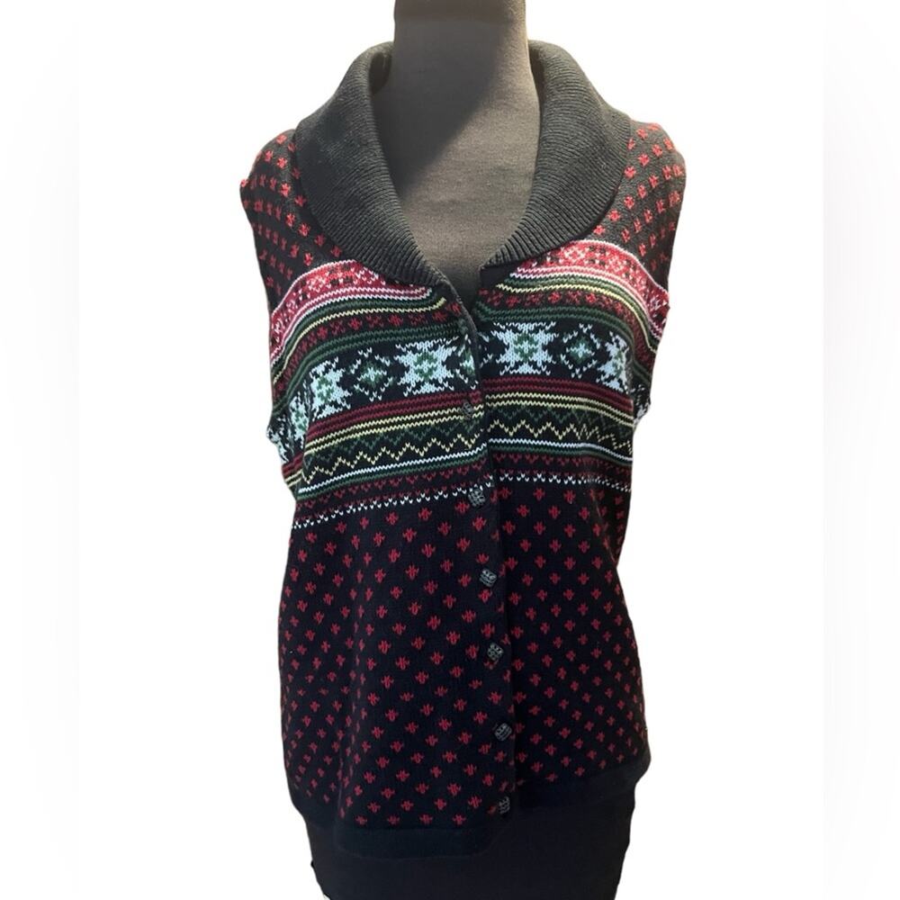 Vtg 90s Nordic Knit Preppy Collared Ski Winter Holiday Cardigan Sweater Vest M